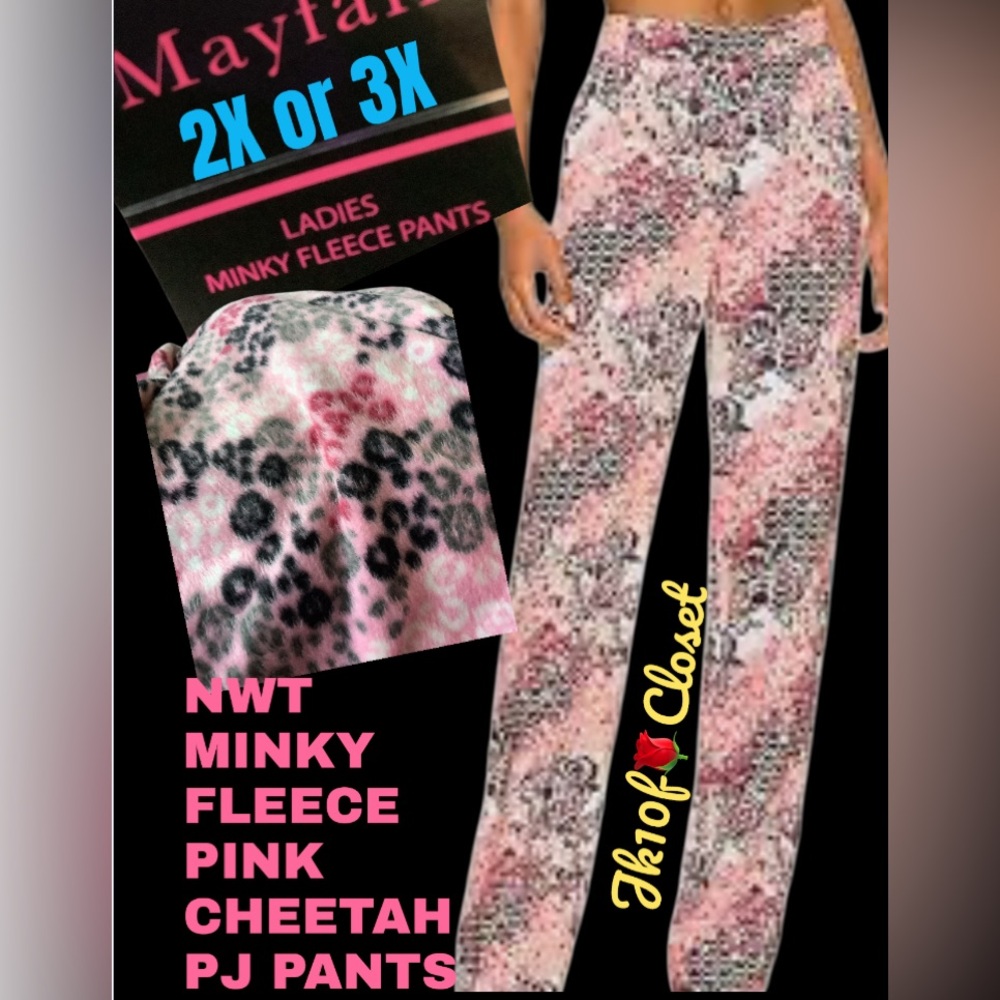 LOWEST🌺 NWT MAYFAIR 2X or 3X PINK CHEETAH MINKY FLEECE DRAWSTRING LOUNGE PANTS